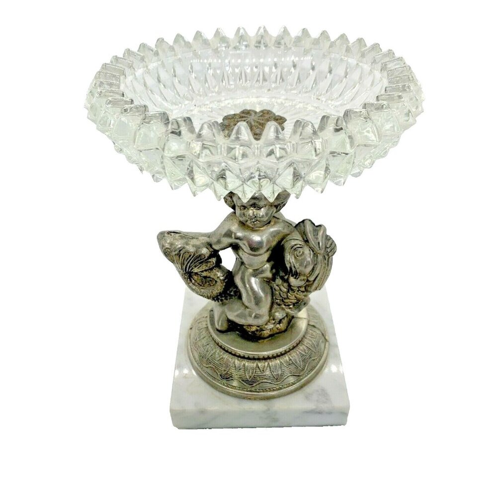 Candy Dish Crystal & Brass Cherub on Fish Design Vintage Made In Italy Decor